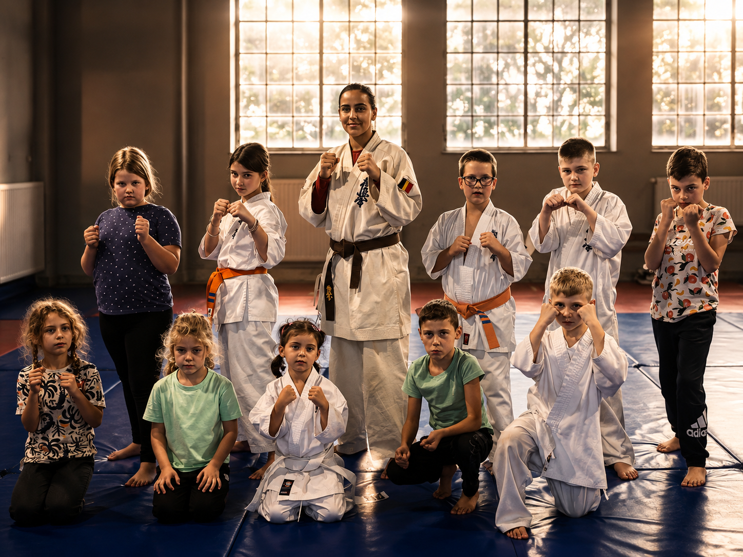 Groupe d'enfants et leur instructrice en garde dans le dojo