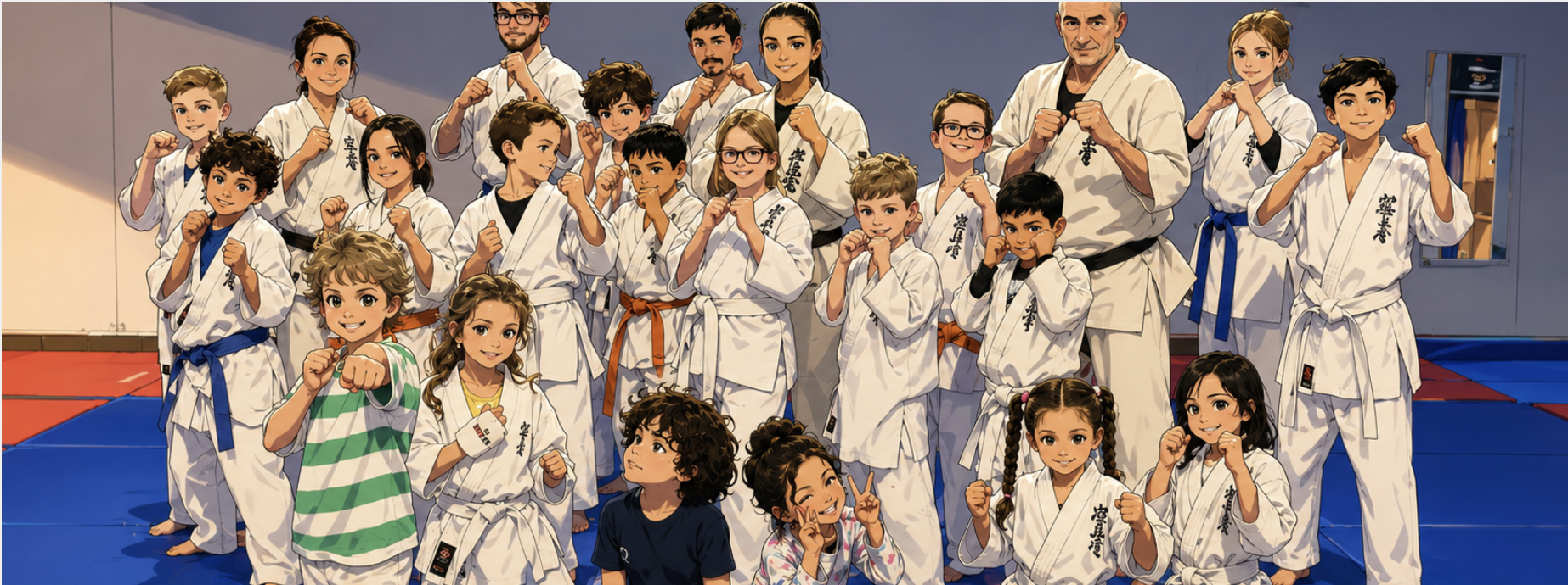 Groupe d'enfants et adultes en kimono au Dojo Washi no Hen'yō